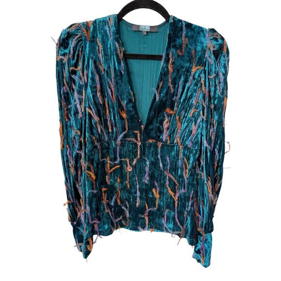Eva Franco blue velvet textured‎ v neck blouse long sleeve - Picture 2 of 6